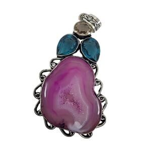 Handmade Silver Pendant with Pink Agate Druzy and Blue Topaz